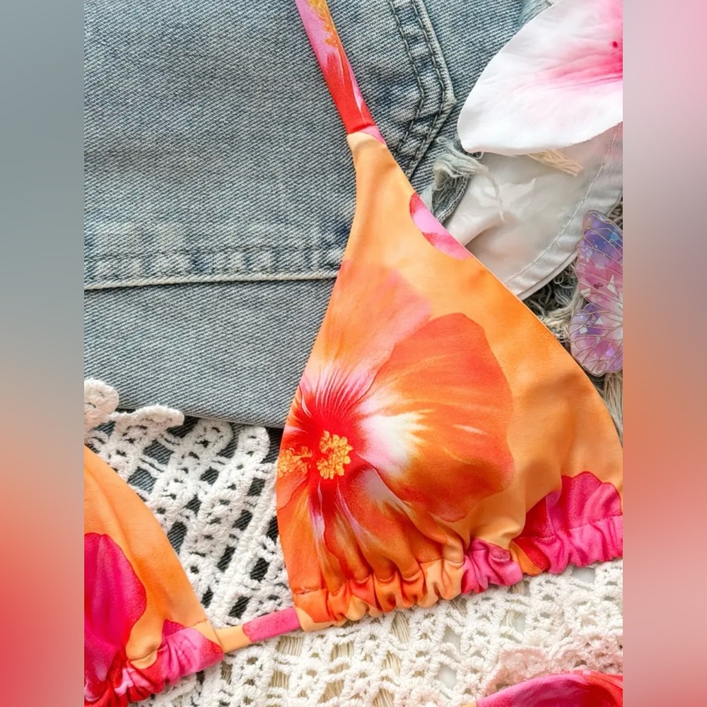 Orange Pink Floral Halter Side Tie Bikini Set - Picture 4 of 7
